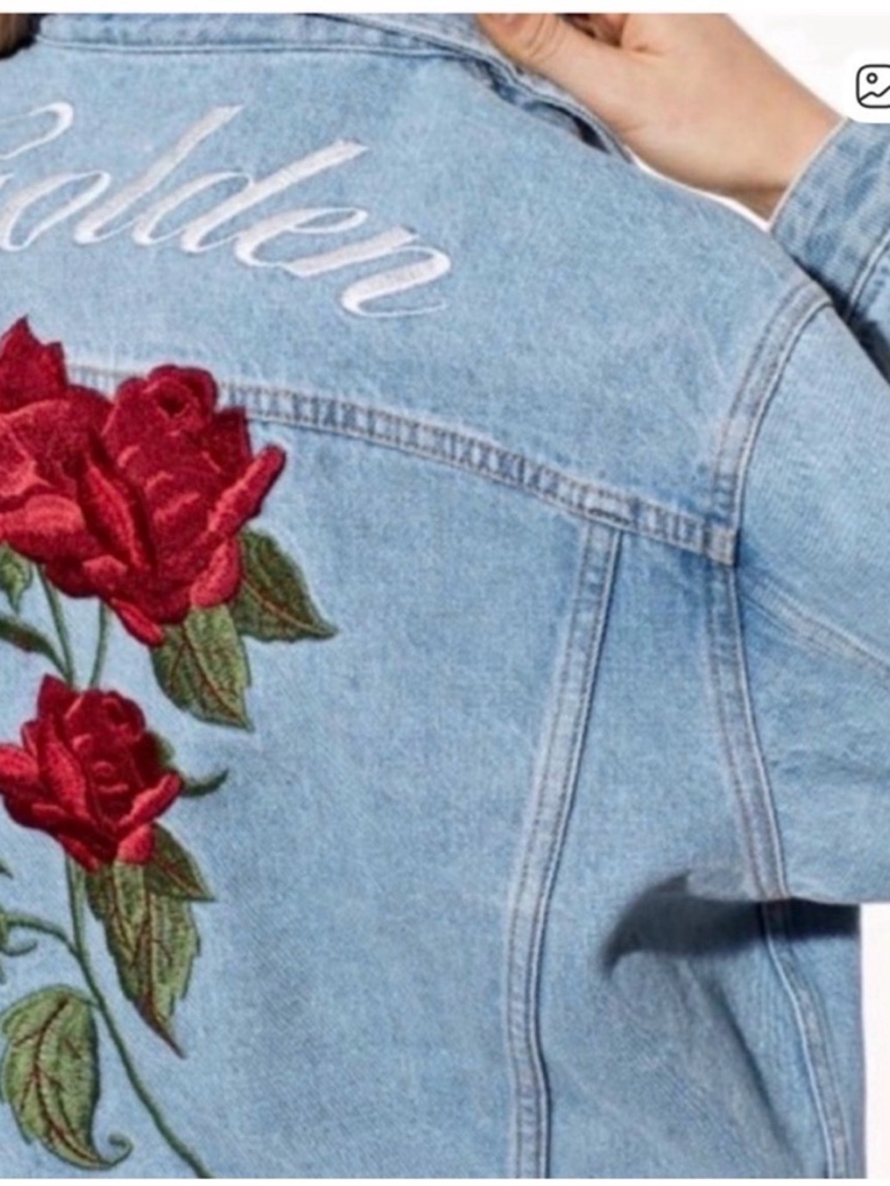 Light Blue Denim Jacket with Red Rose Embroidery - Women - Picture 2 of 8